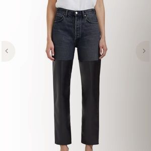 AGOLDE Woman's Black Pieced 90s Pinch Waist Leather Jeans- NWOT